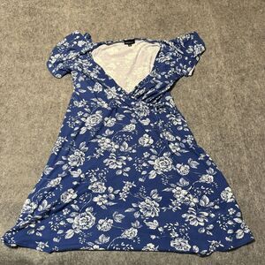Fortune Ivy Womens Faux Wrap Midi Dress Size 1X Blue White Floral Plus